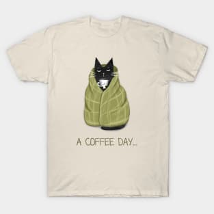 Cartoon funny black cat and the inscription "A coffee day". T-Shirt